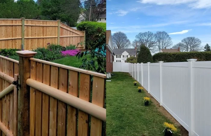 Cedar vs. Vinyl Fence pictures - White vinyl fence and cedar fence in the background