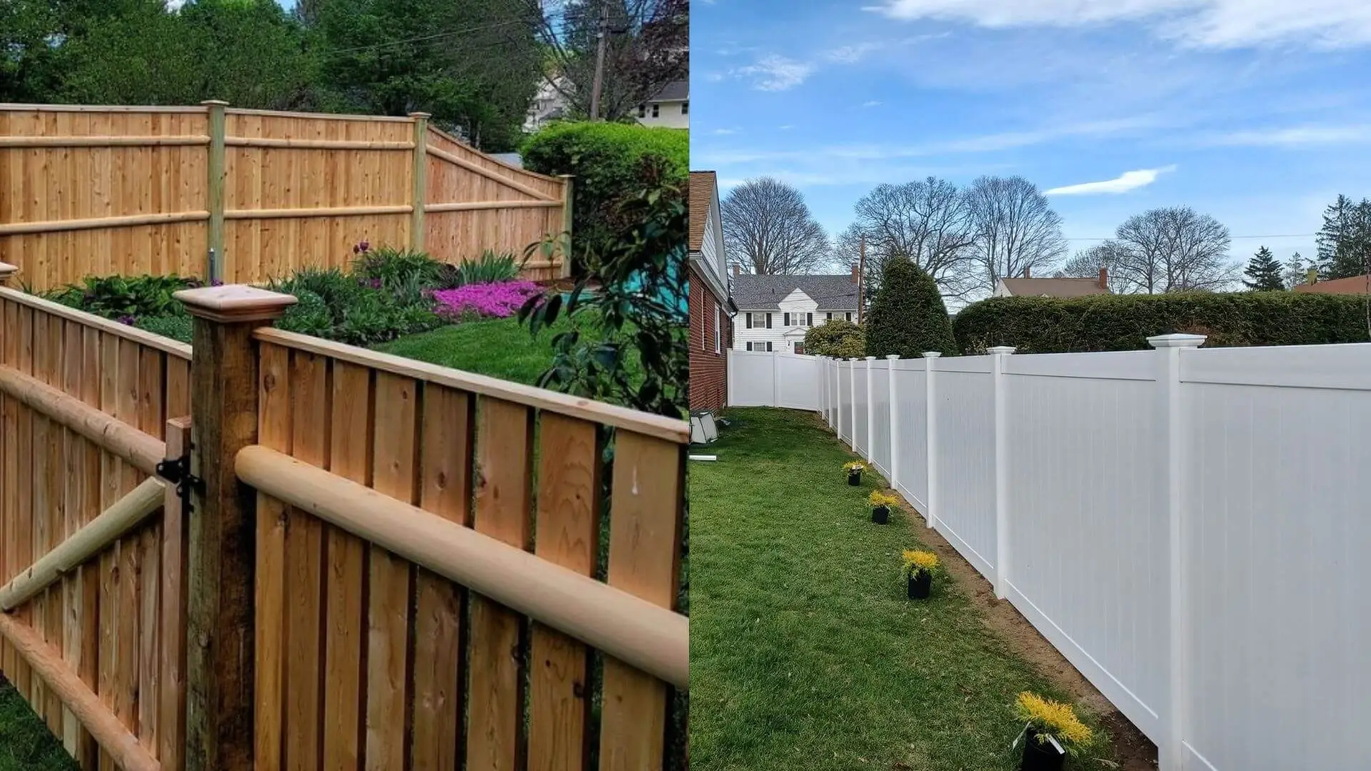 Cedar vs. Vinyl Fence pictures - White vinyl fence and cedar fence in the background